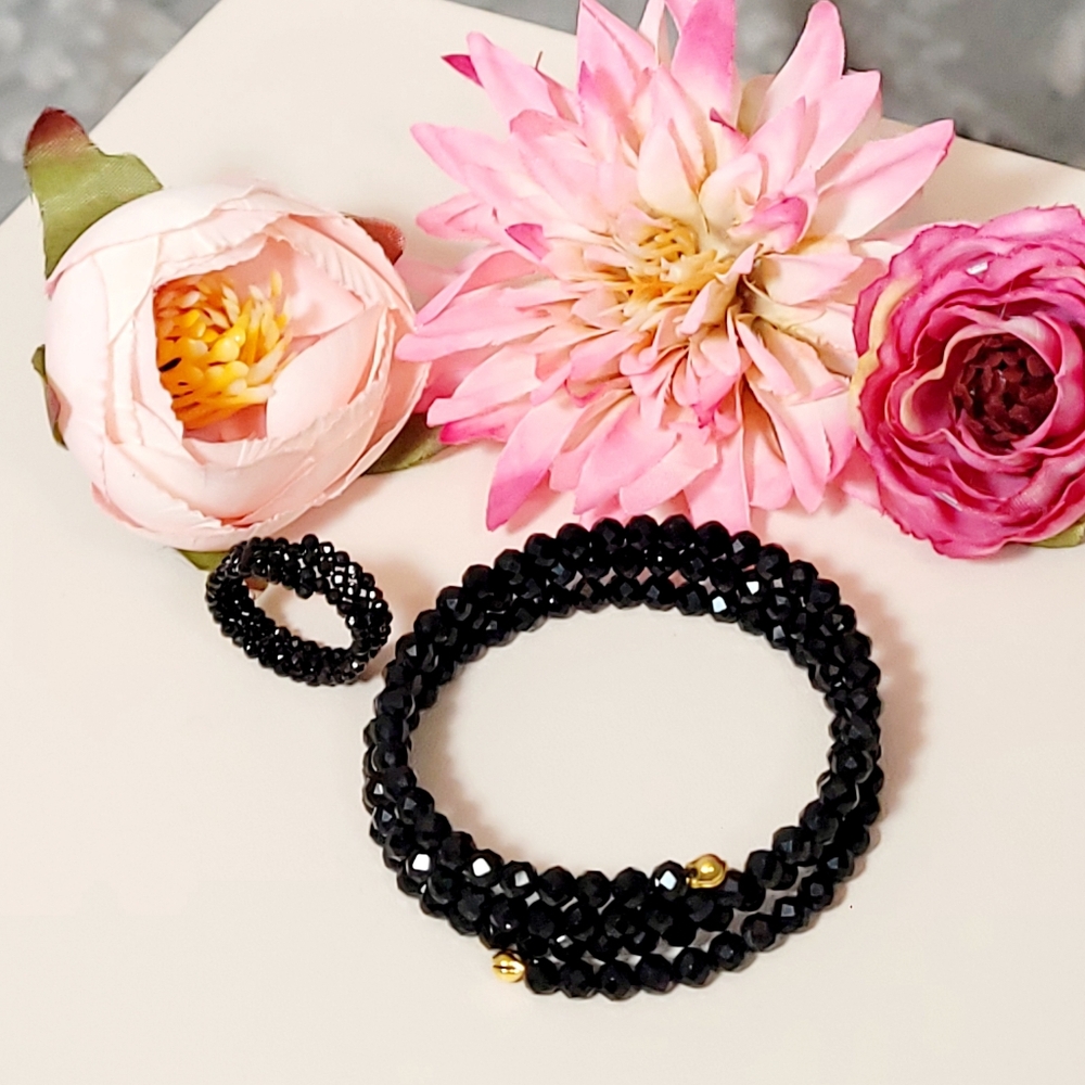 Black Spinel Stretchable Ring and Bracelet Set